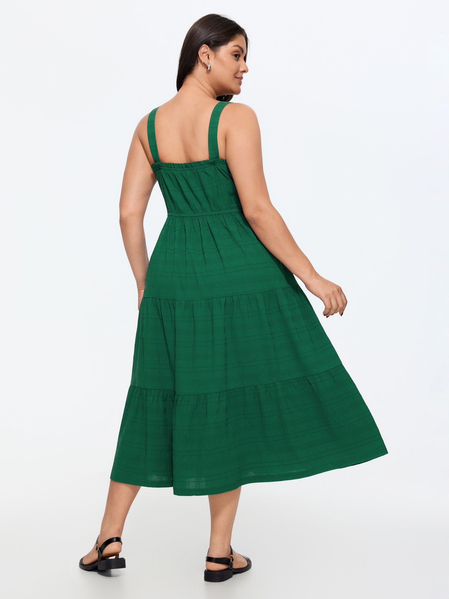 Adjustable Drawstring Neckline Ruffled Tiered Midi Dress