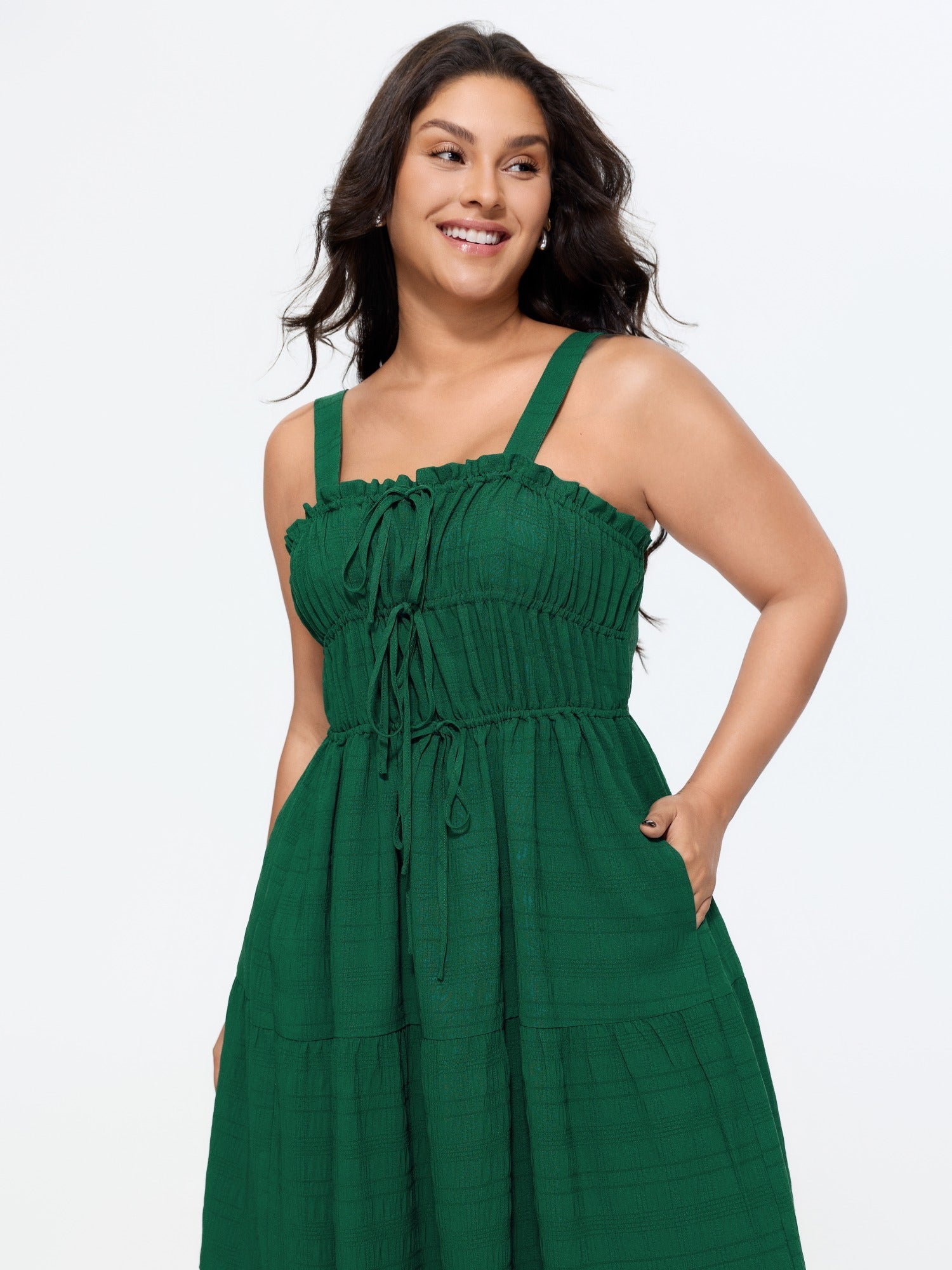 Adjustable Drawstring Neckline Ruffled Tiered Midi Dress