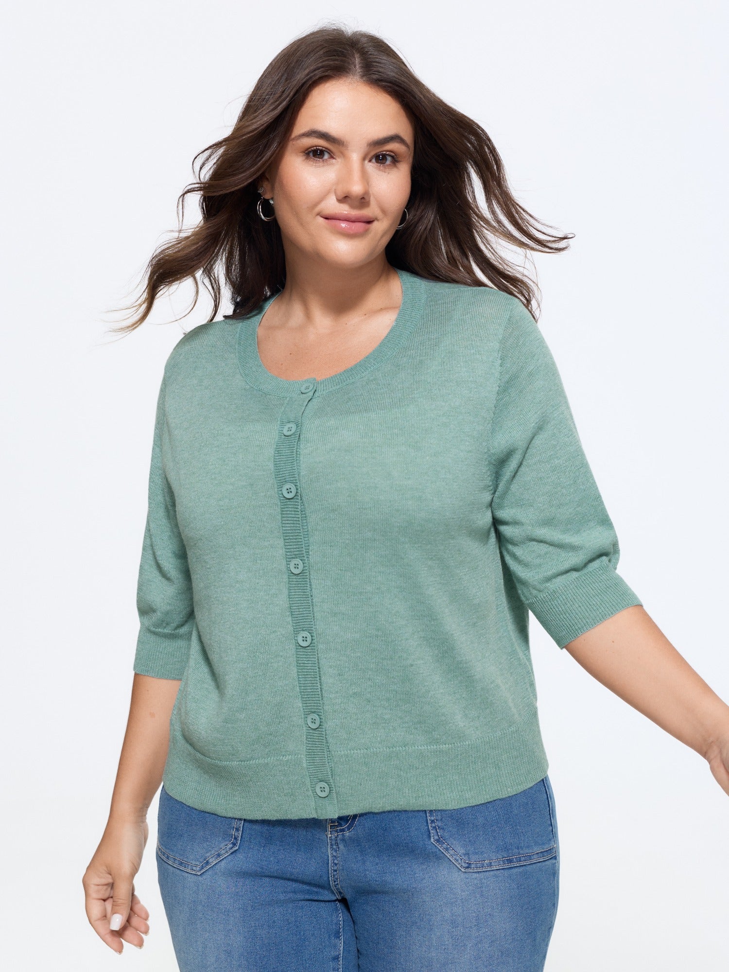 Heather Crew Neck 3/4 Sleeve Knit Cardigan
