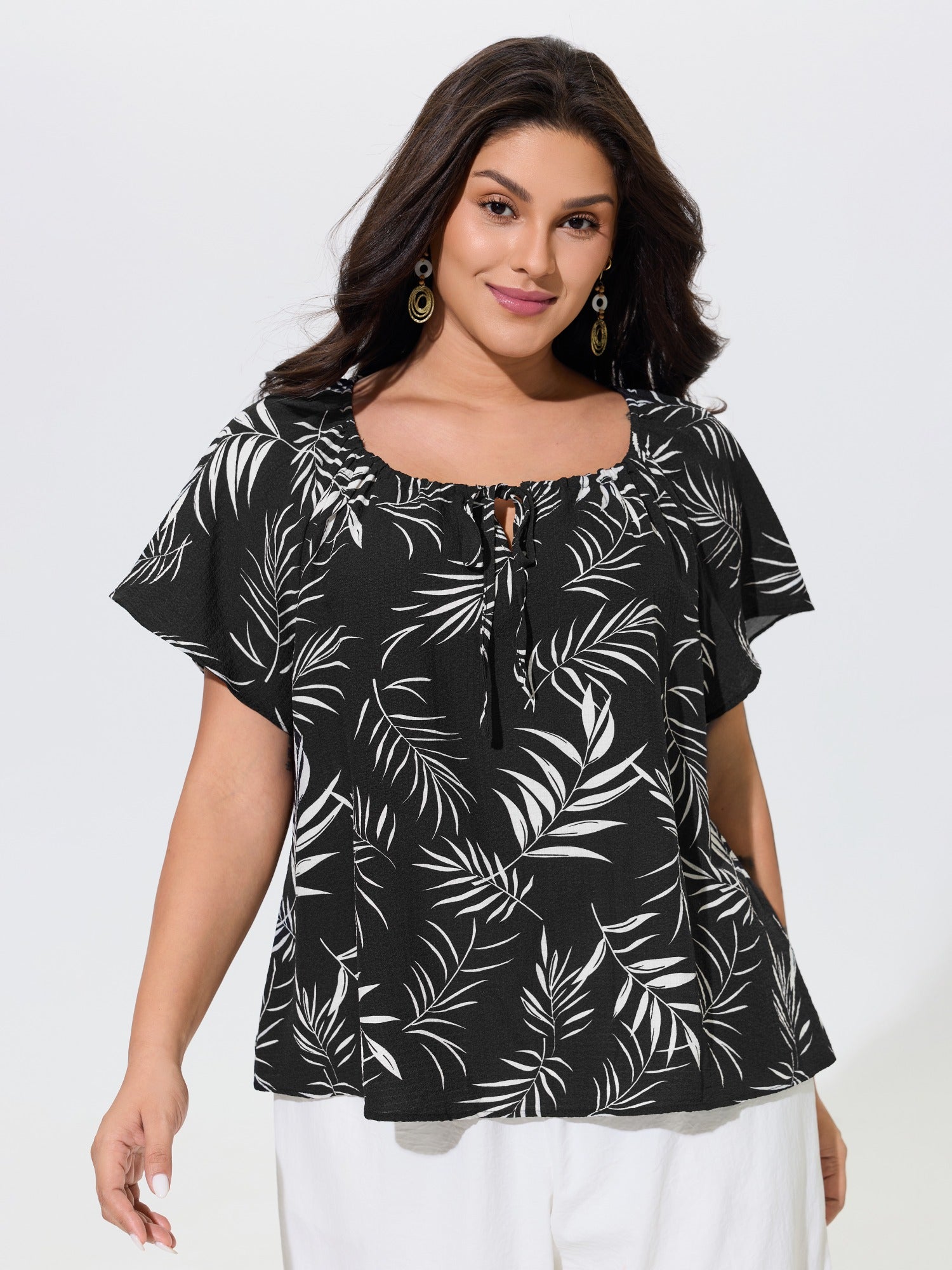 Palm Leaf Print Drawstring Neck Blouse