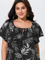 Palm Leaf Print Drawstring Neck Blouse