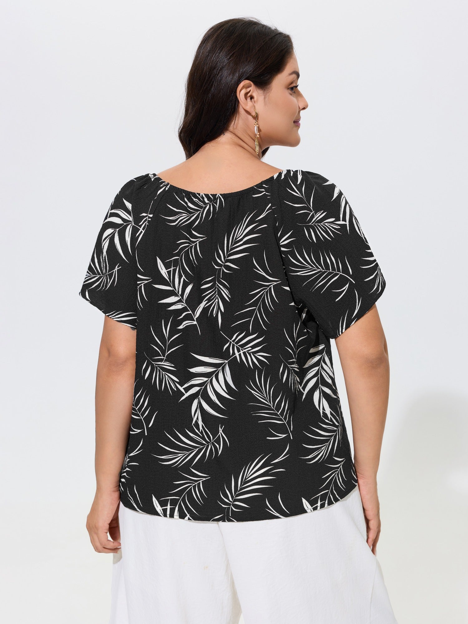 Palm Leaf Print Drawstring Neck Blouse