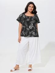 Palm Leaf Print Drawstring Neck Blouse