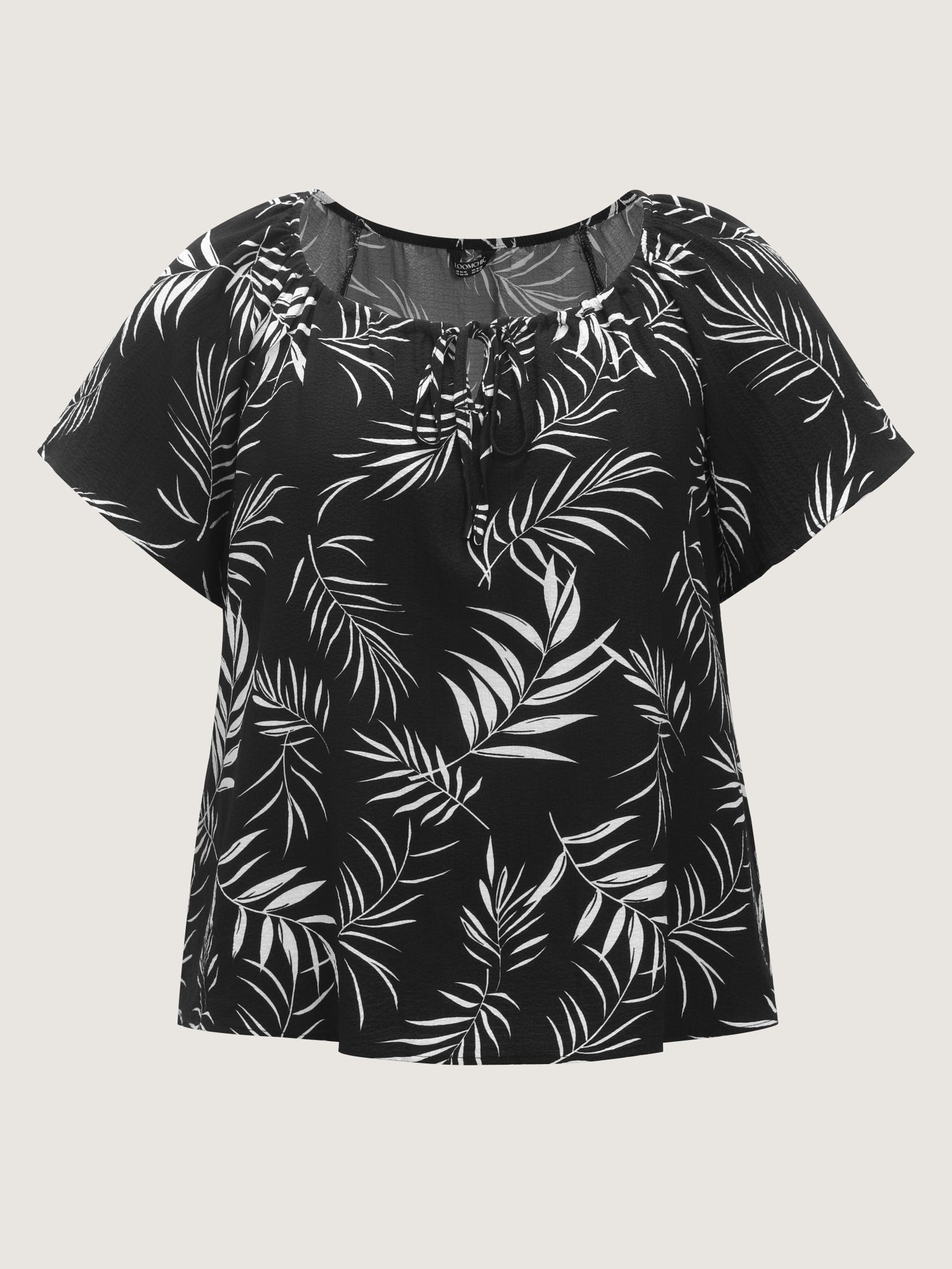 Palm Leaf Print Drawstring Neck Blouse