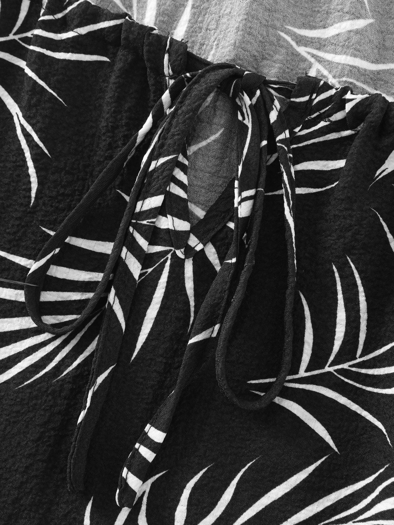 Palm Leaf Print Drawstring Neck Blouse