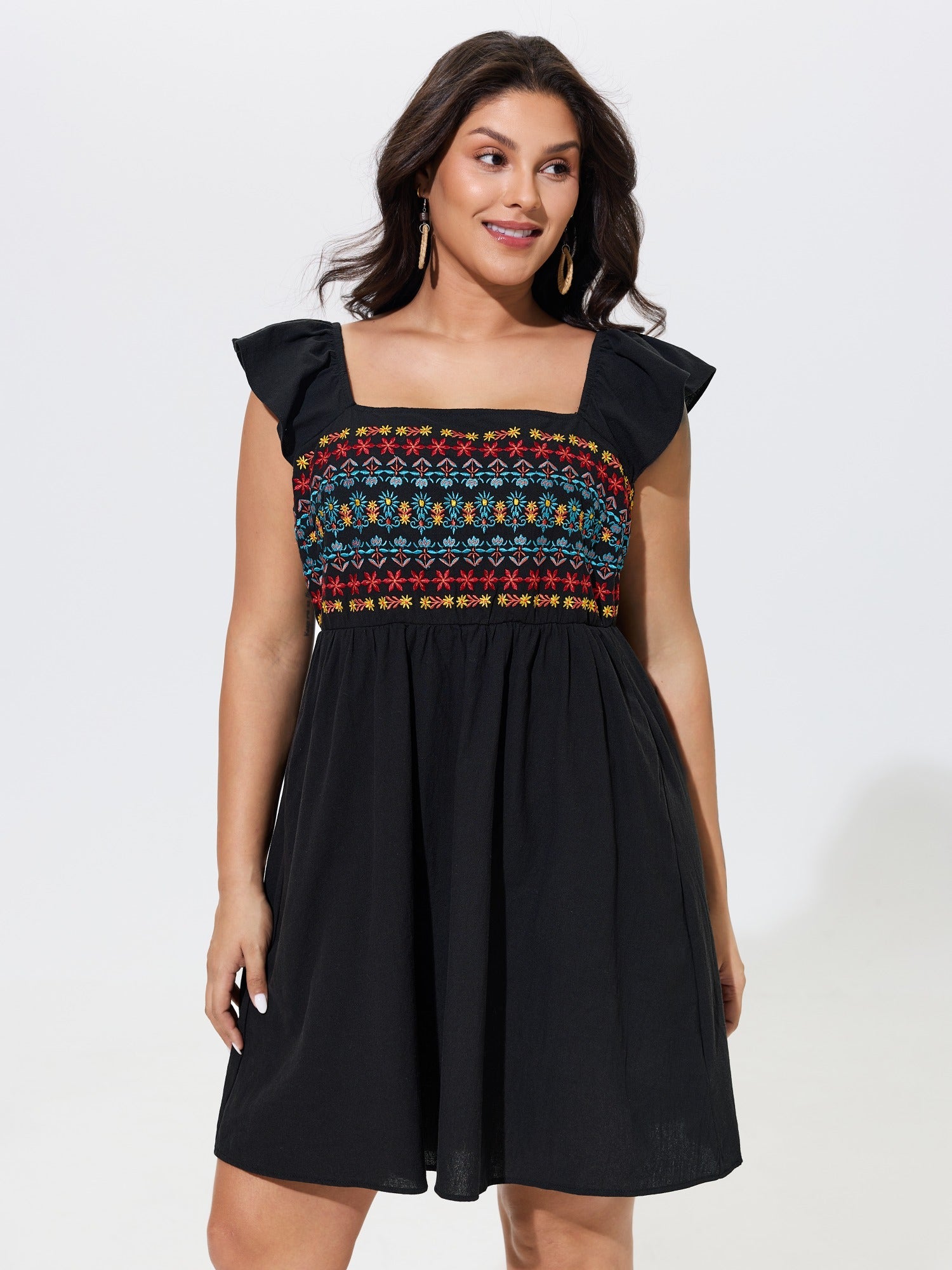 Cotton Boho Embroidery Ruffle Strap Mini Dress