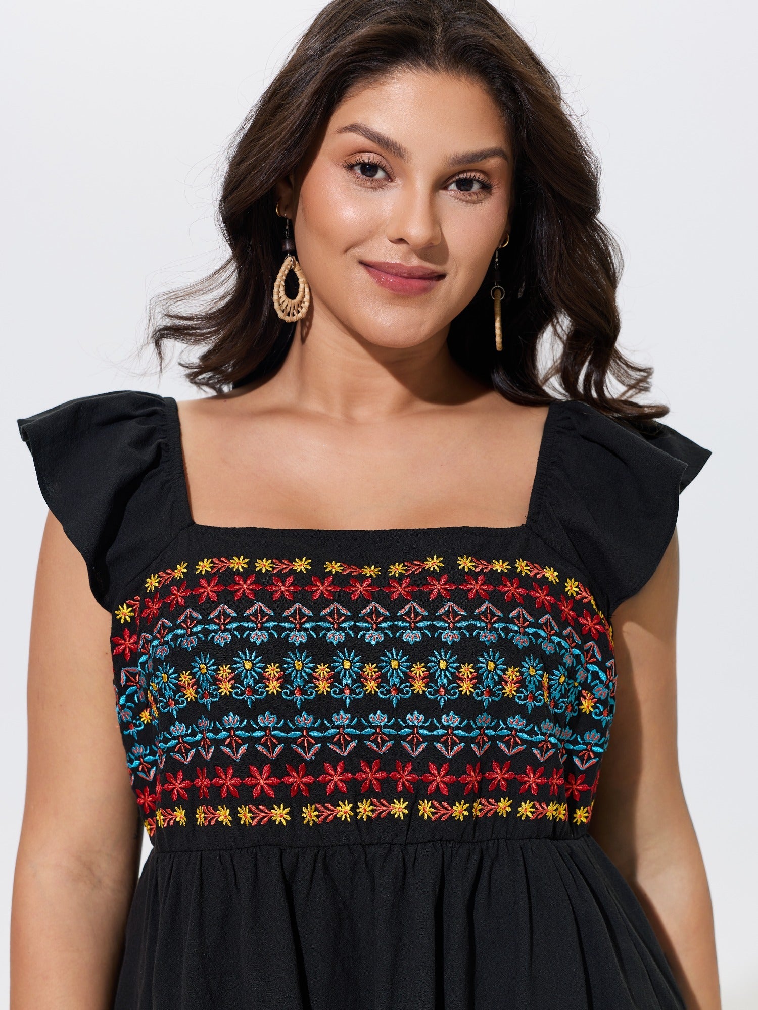 Cotton Boho Embroidery Ruffle Strap Mini Dress