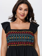 Cotton Boho Embroidery Ruffle Strap Mini Dress
