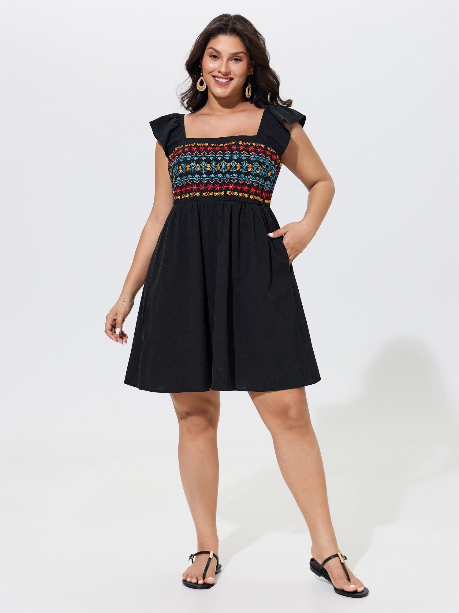 Cotton Boho Embroidery Ruffle Strap Mini Dress