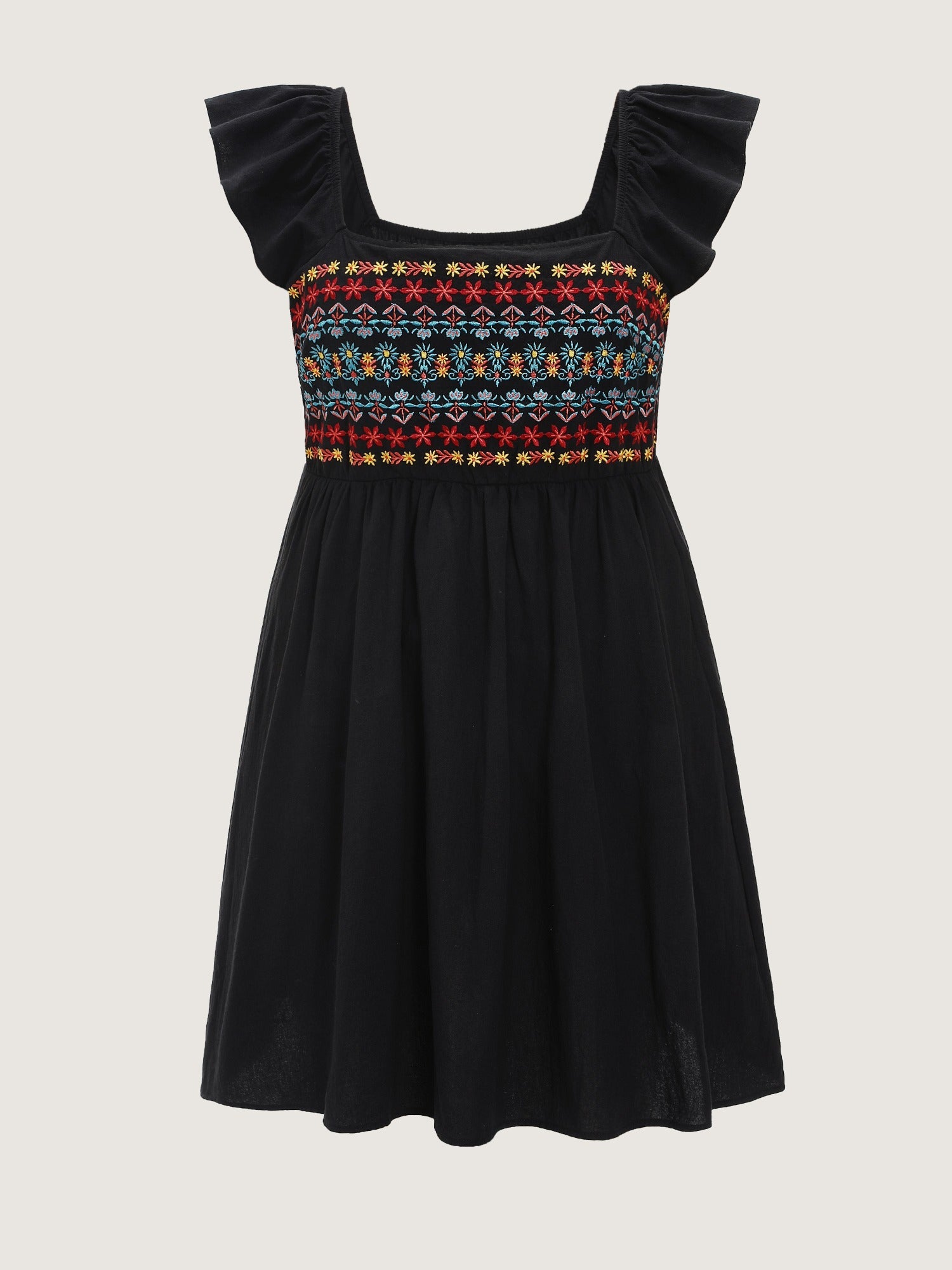 Cotton Boho Embroidery Ruffle Strap Mini Dress