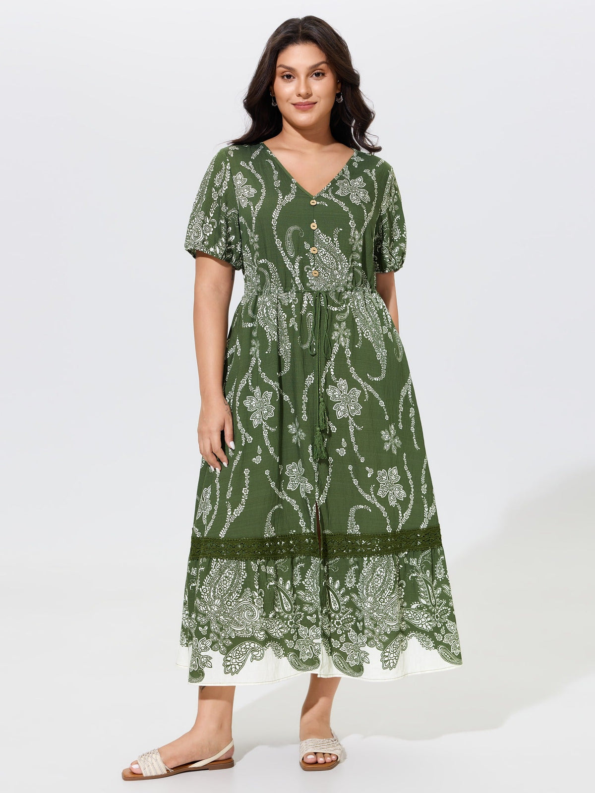Paisley Floral Print Drawstring Waist Lace Tiered Midi Dress