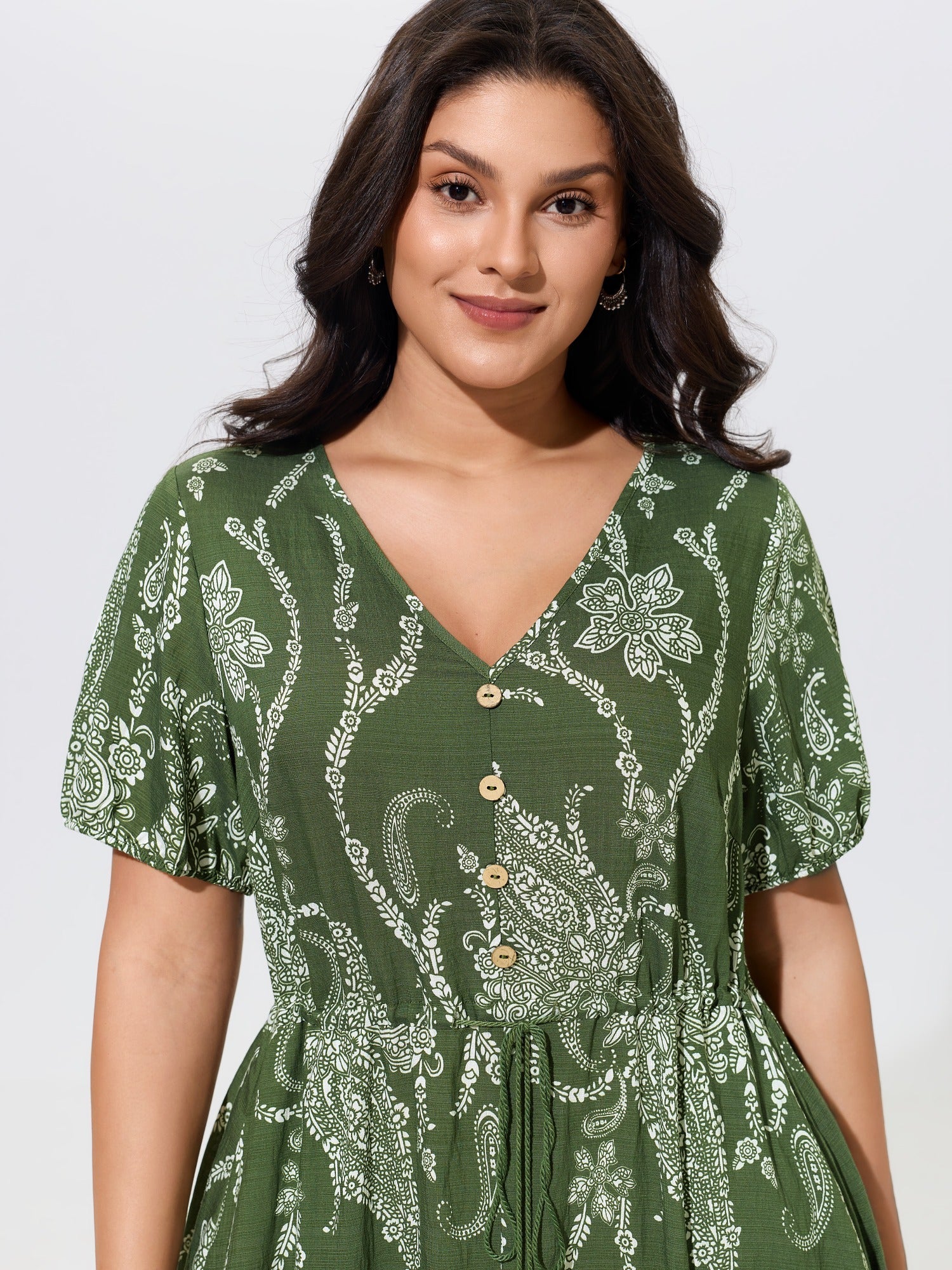 Paisley Floral Print Drawstring Waist Lace Tiered Midi Dress