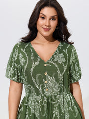 Paisley Floral Print Drawstring Waist Lace Tiered Midi Dress