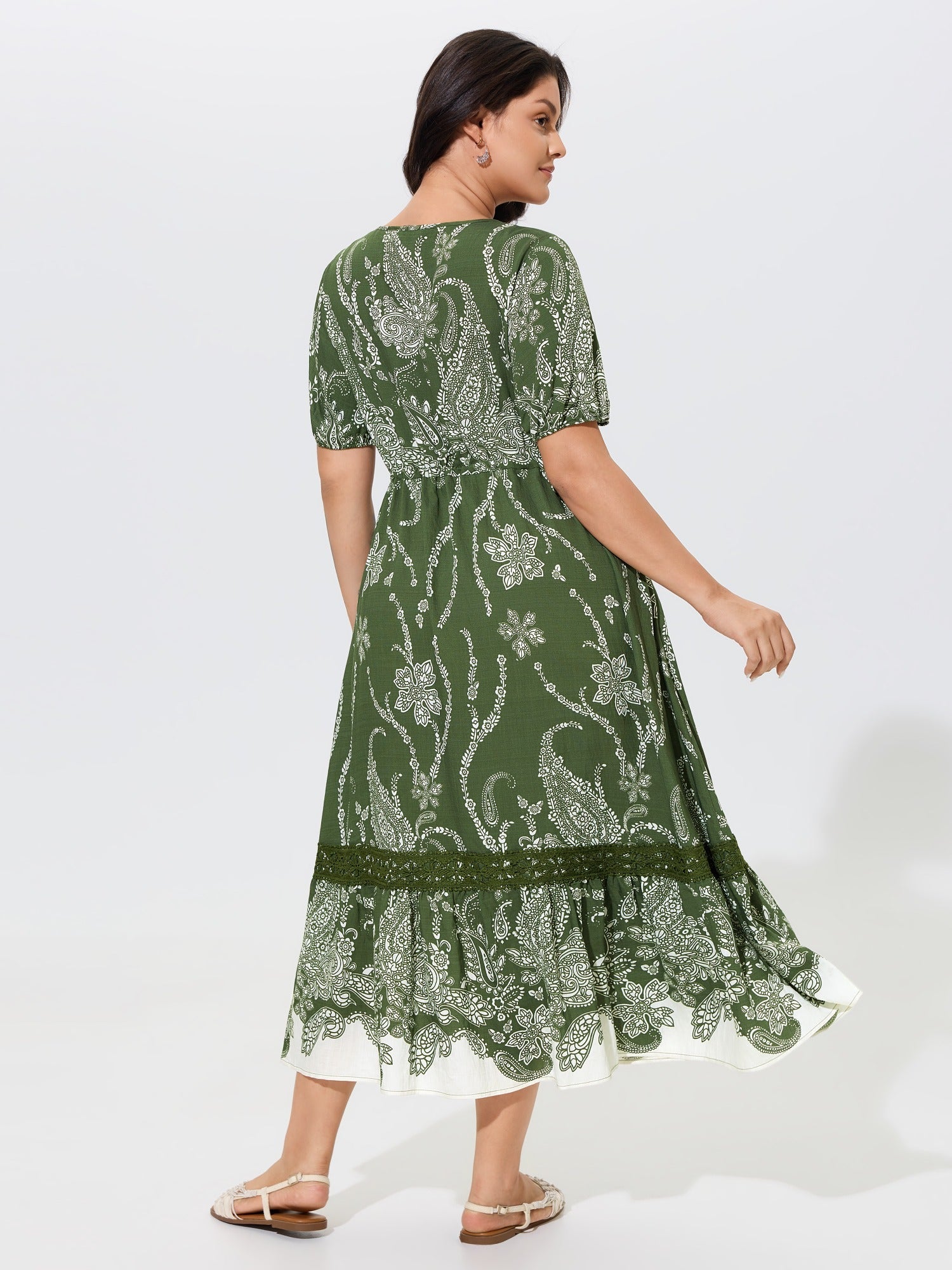 Paisley Floral Print Drawstring Waist Lace Tiered Midi Dress