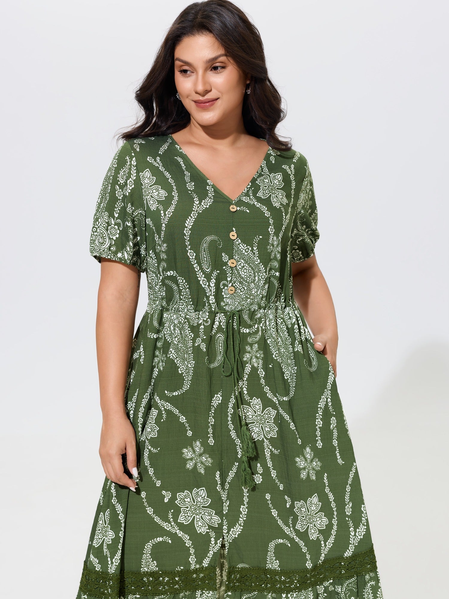 Paisley Floral Print Drawstring Waist Lace Tiered Midi Dress