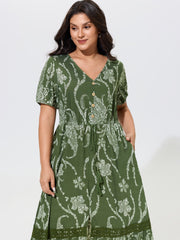 Paisley Floral Print Drawstring Waist Lace Tiered Midi Dress