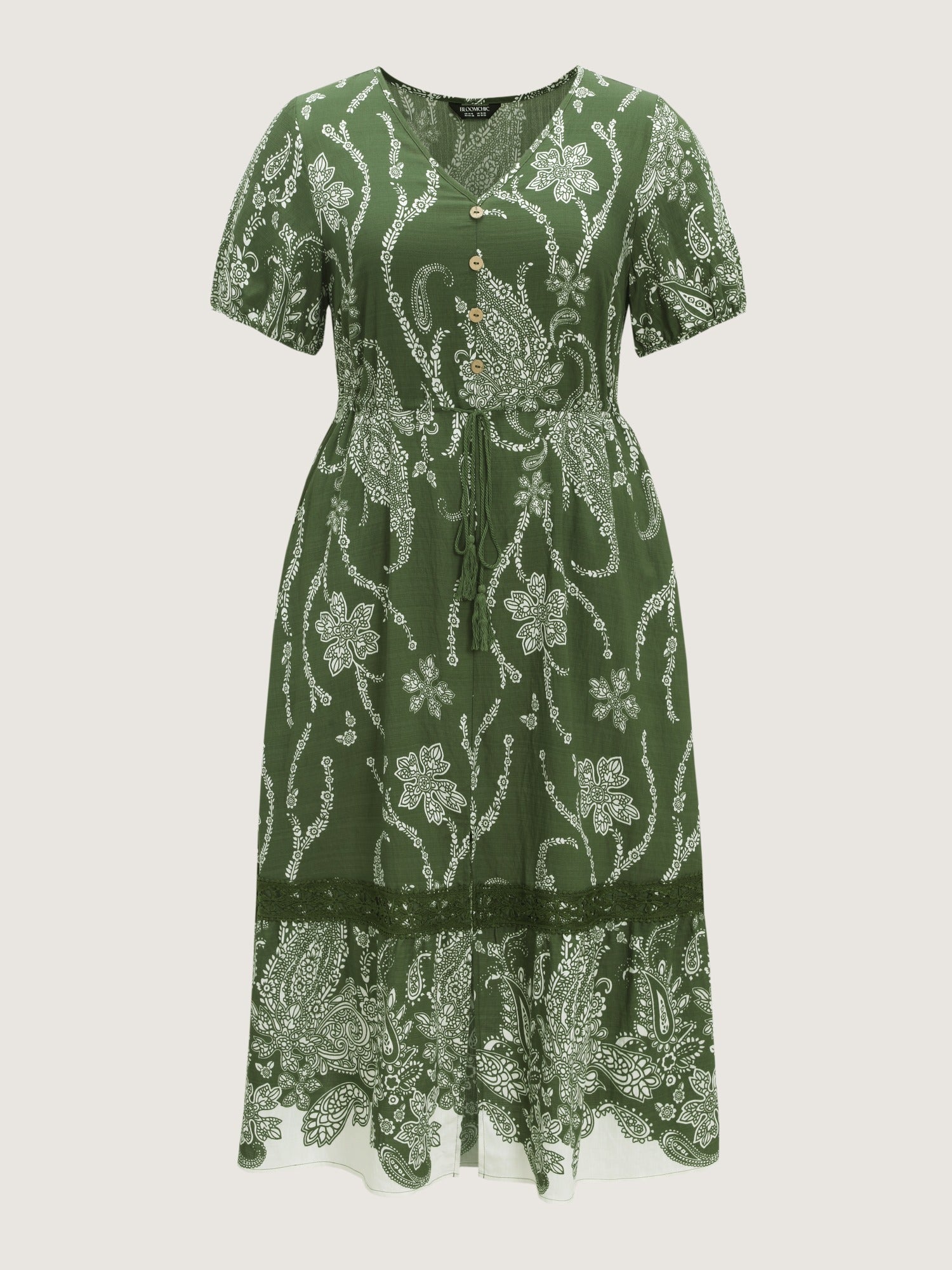 Paisley Floral Print Drawstring Waist Lace Tiered Midi Dress