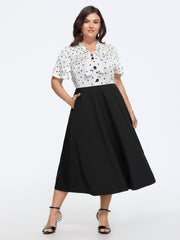 Polka Dot Print Bow Tie Button Midi Dress
