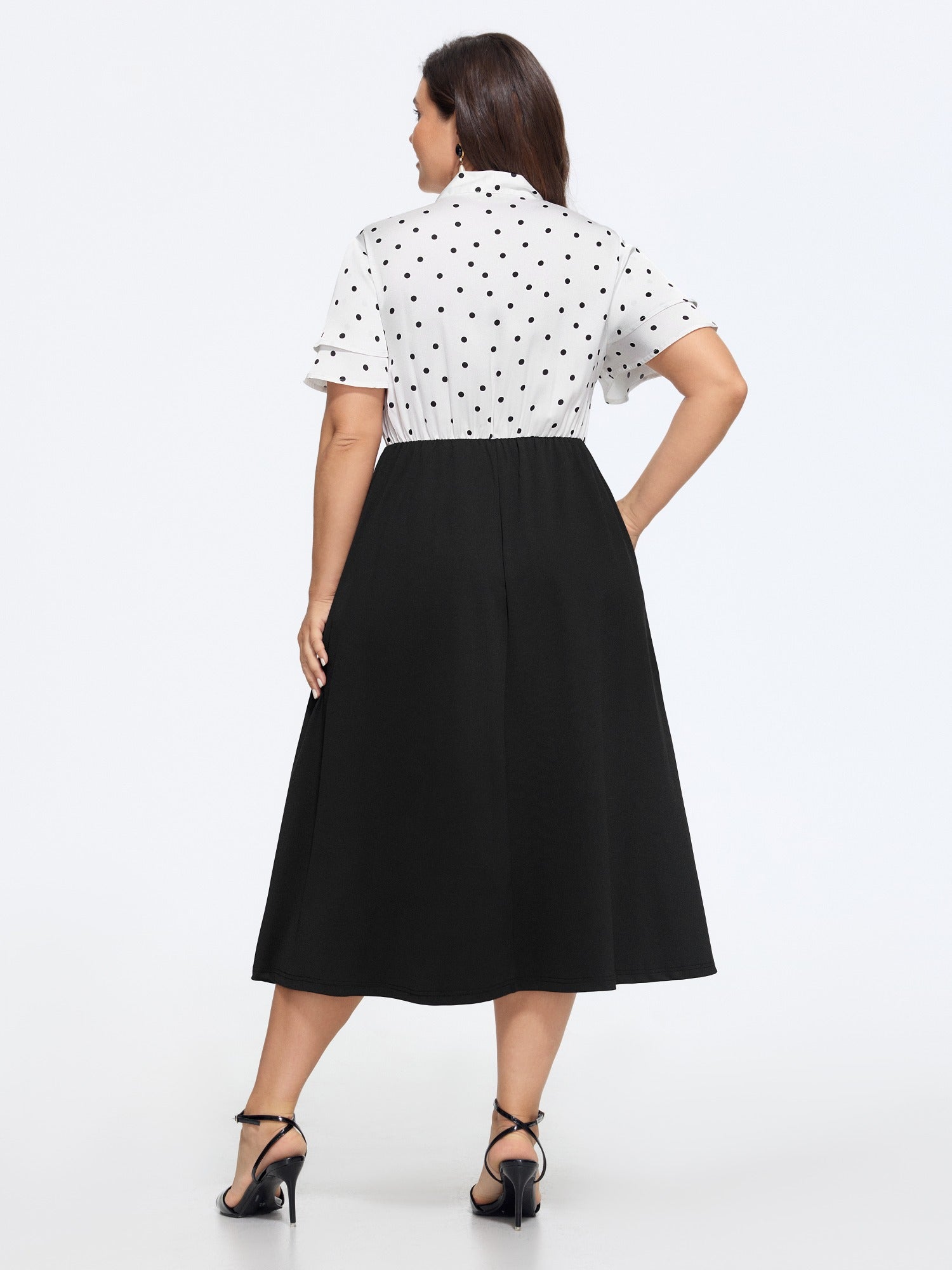Polka Dot Print Bow Tie Button Midi Dress