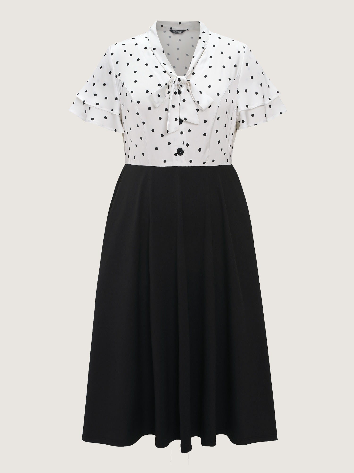 Polka Dot Print Bow Tie Button Midi Dress