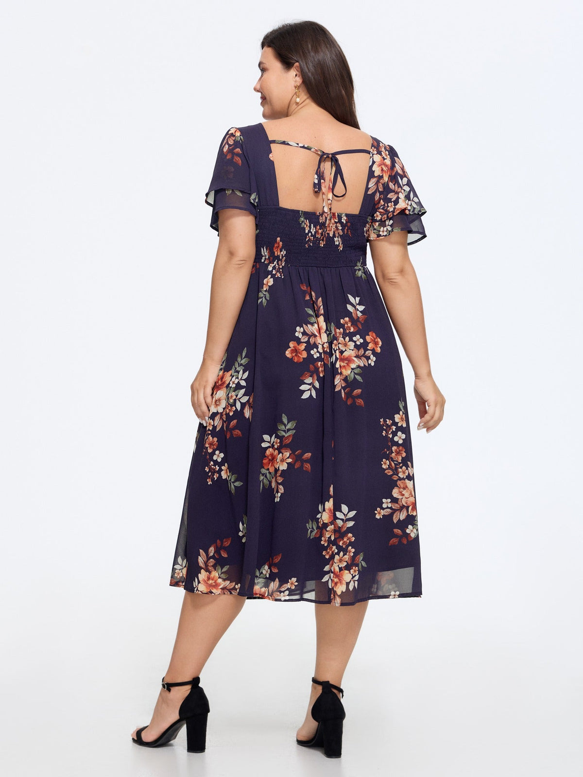 Floral Print Sweetheart Neck Back Tie Midi Dress