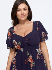 Floral Print Sweetheart Neck Back Tie Midi Dress