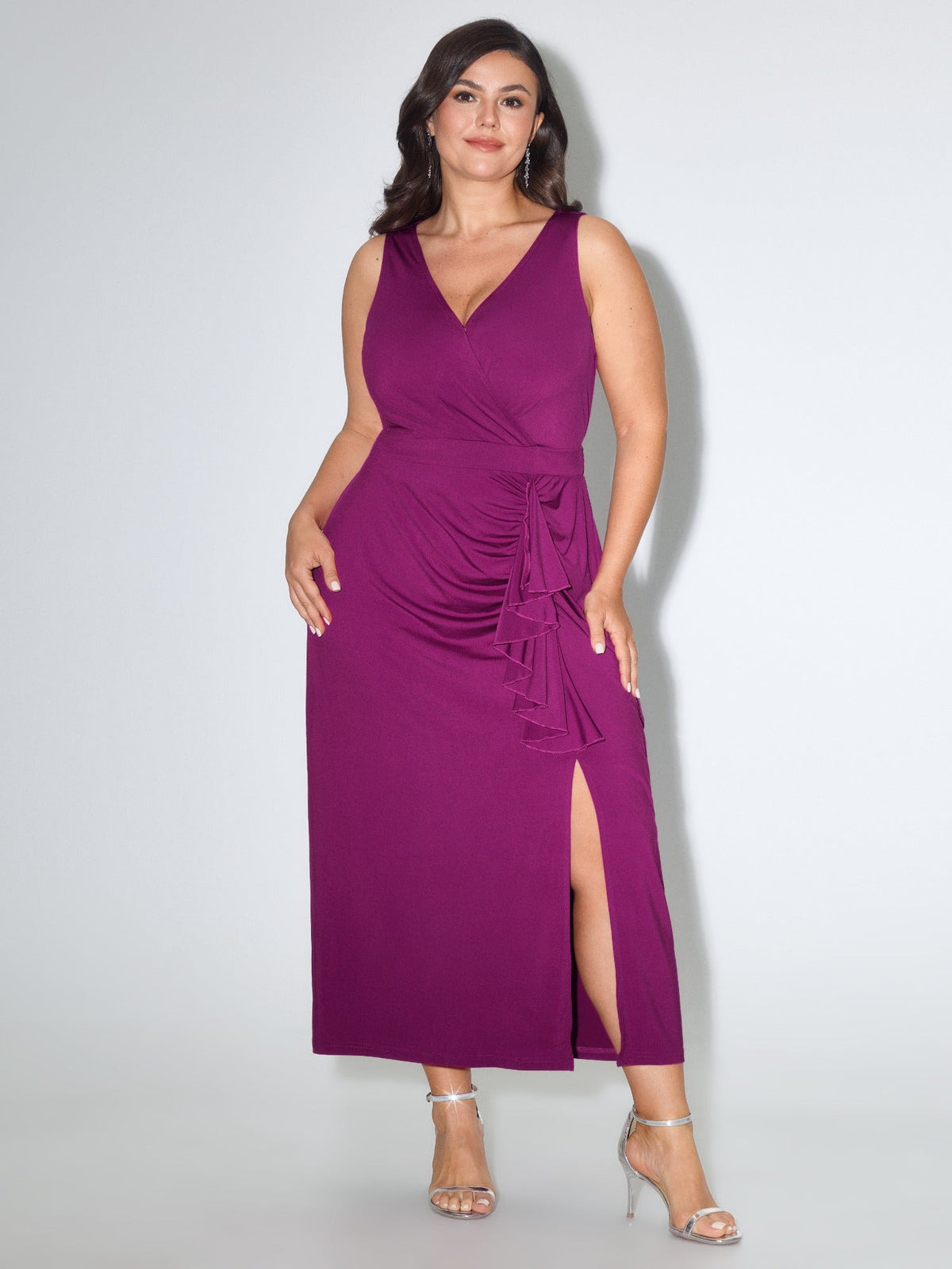 Surplice Neck Side Ruched Slit Bodycon Midi Dress