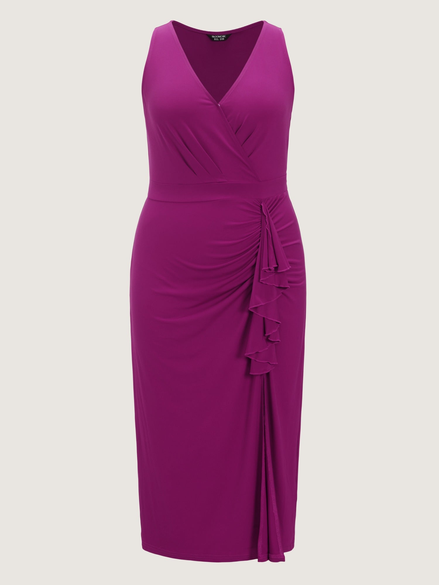 Surplice Neck Side Ruched Slit Bodycon Midi Dress