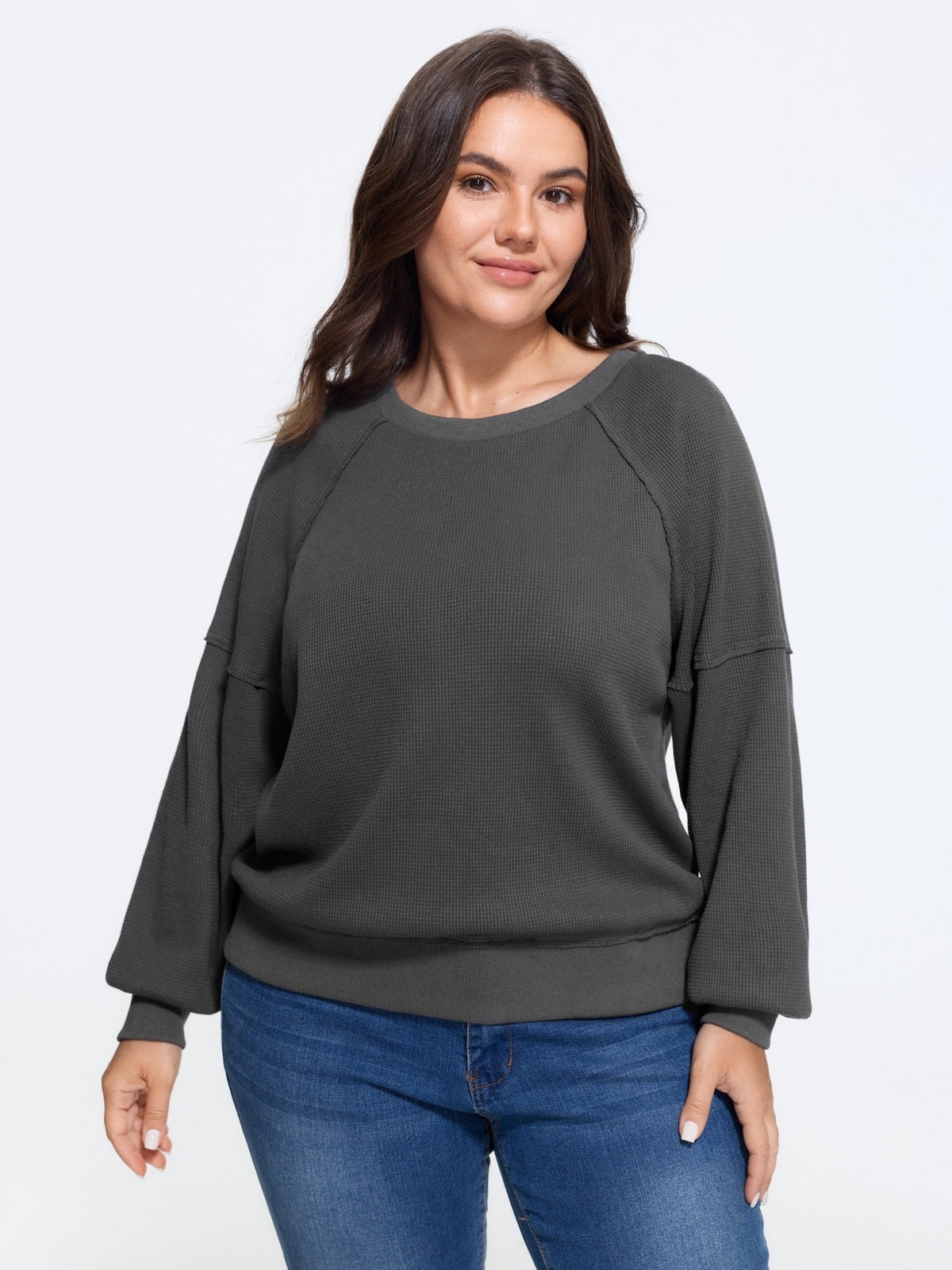 Waffle Knit Raglan Lantern Sleeve Crew Neck Sweatshirt