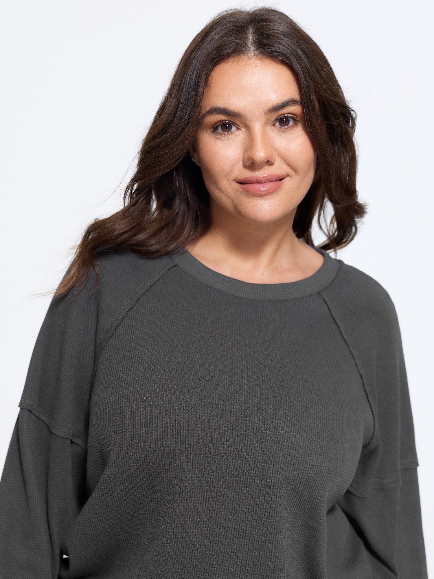 Waffle Knit Raglan Lantern Sleeve Crew Neck Sweatshirt