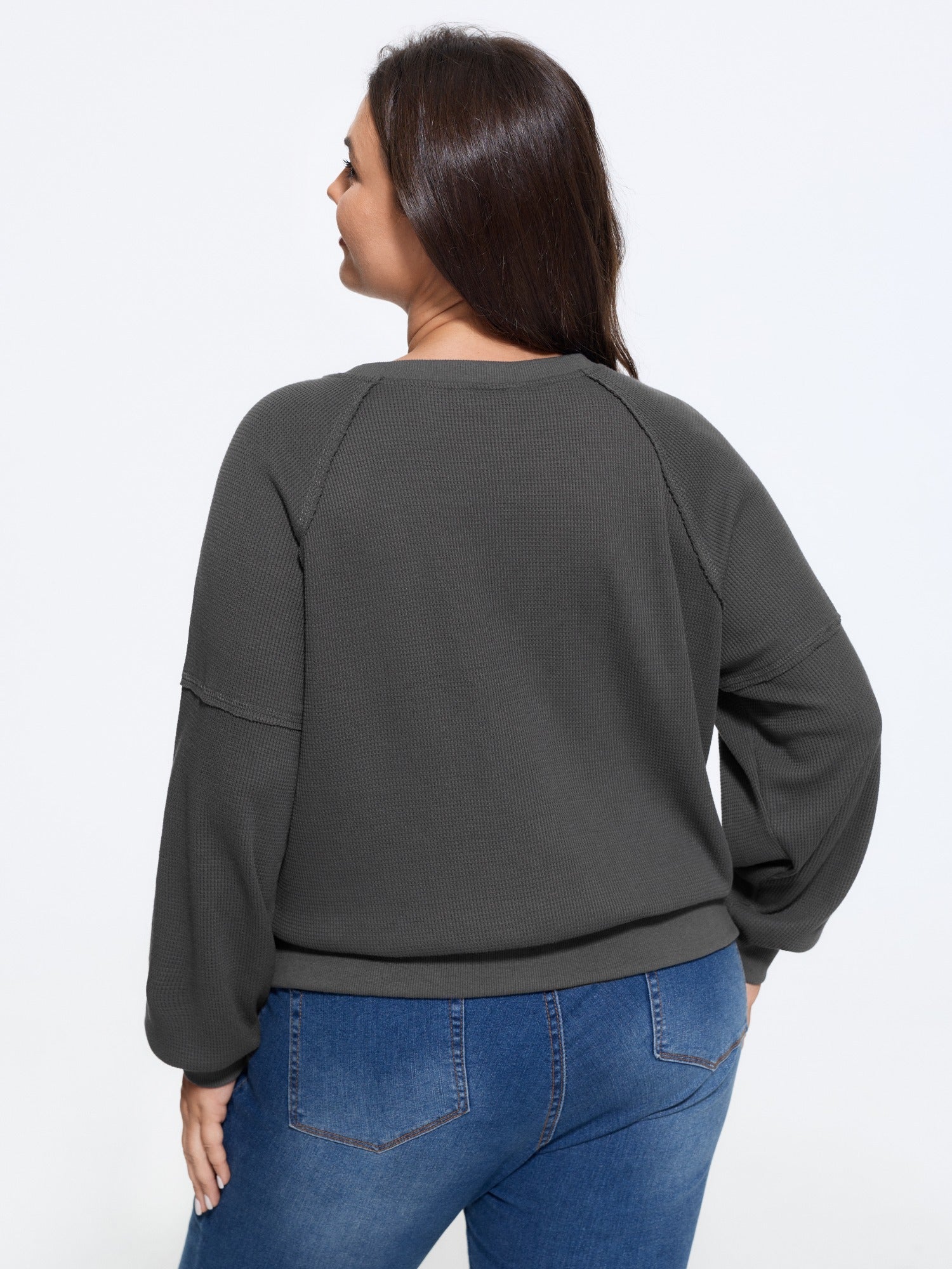 Waffle Knit Raglan Lantern Sleeve Crew Neck Sweatshirt