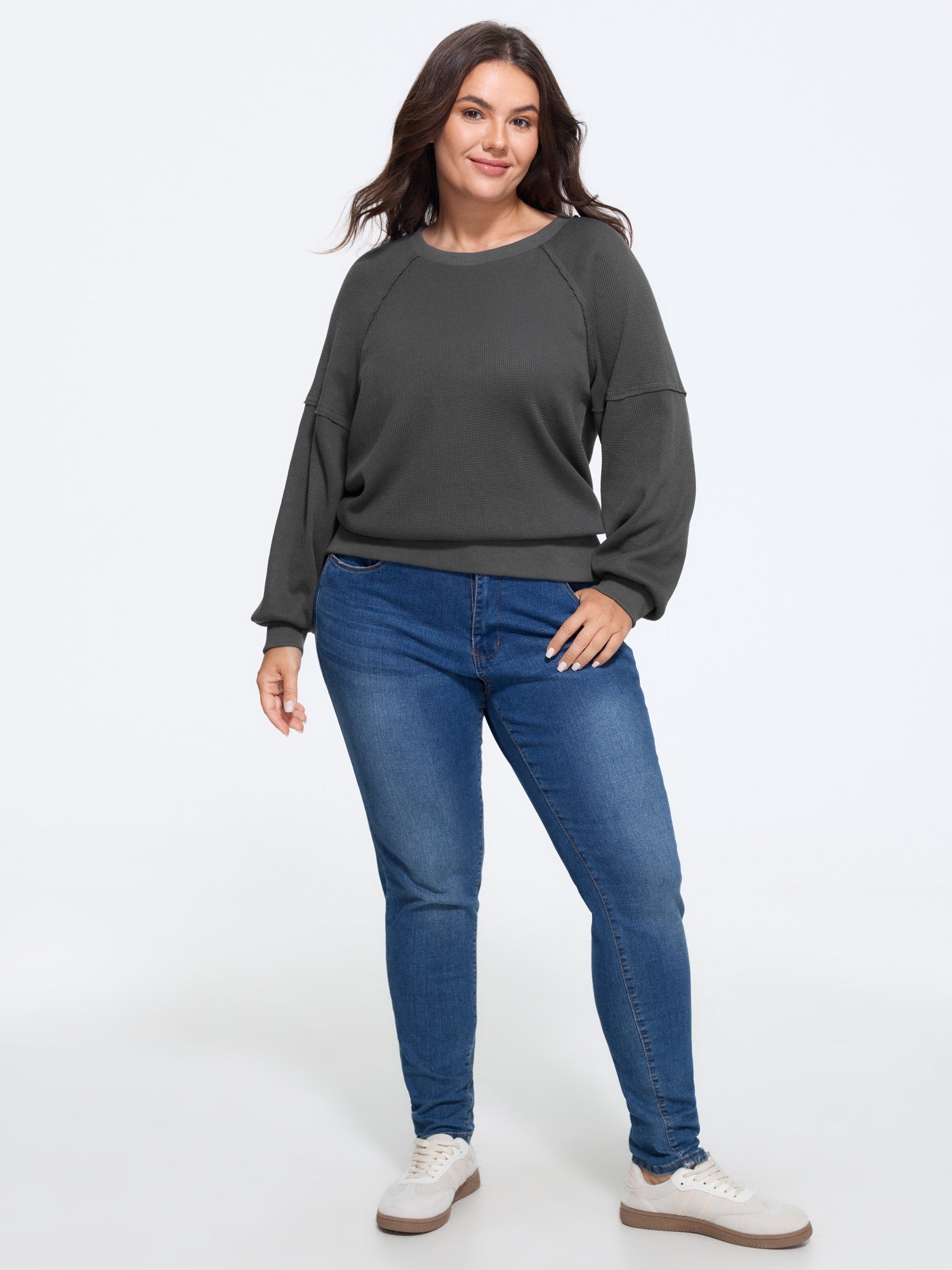 Waffle Knit Raglan Lantern Sleeve Crew Neck Sweatshirt