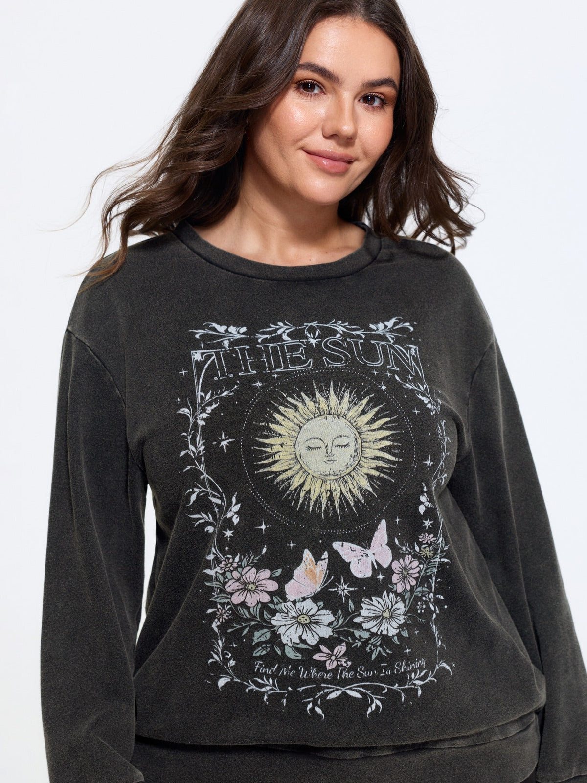 Vintage Washed Sun Floral Print Crew Neck Sweatshirt