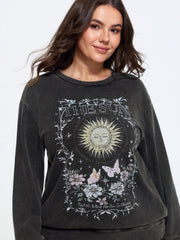 Vintage Washed Sun Floral Print Crew Neck Sweatshirt