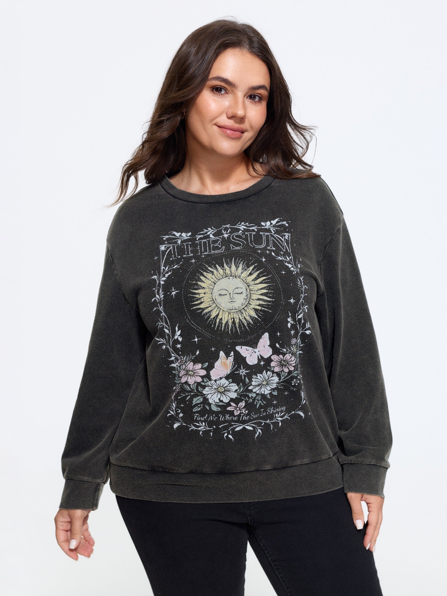 Vintage Washed Sun Floral Print Crew Neck Sweatshirt