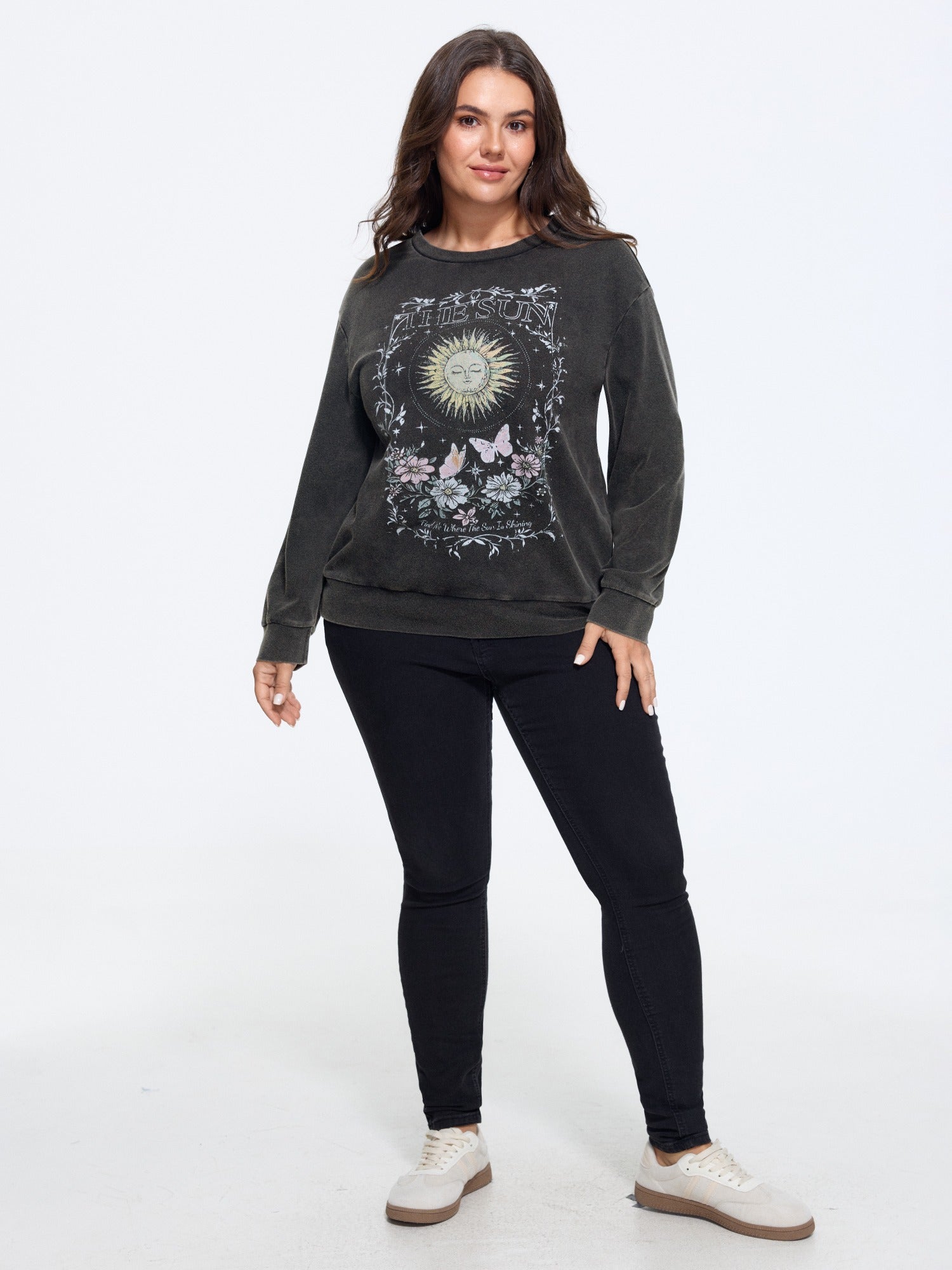 Vintage Washed Sun Floral Print Crew Neck Sweatshirt