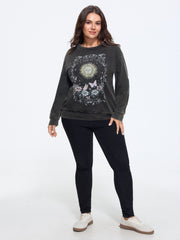 Vintage Washed Sun Floral Print Crew Neck Sweatshirt