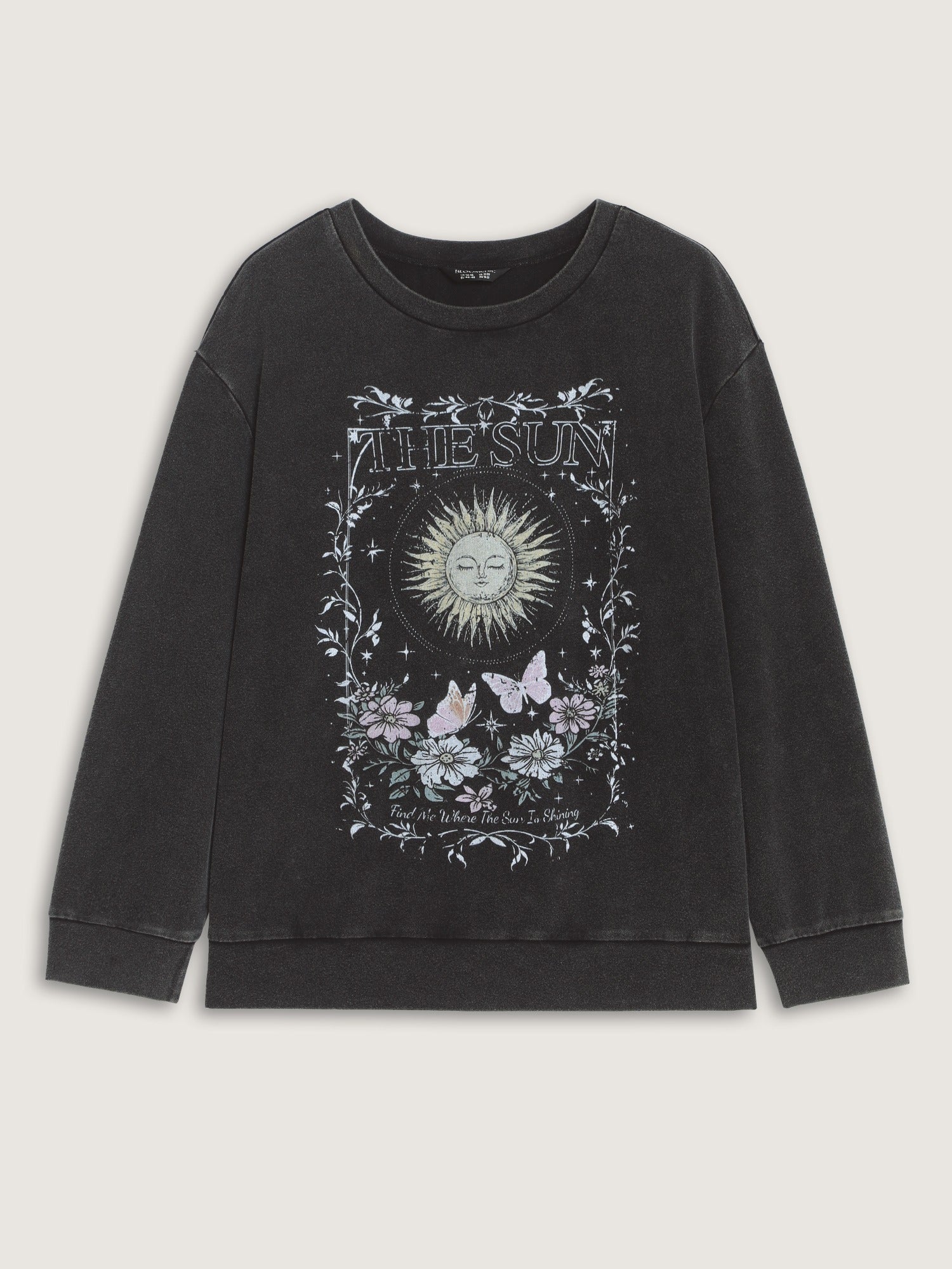Vintage Washed Sun Floral Print Crew Neck Sweatshirt