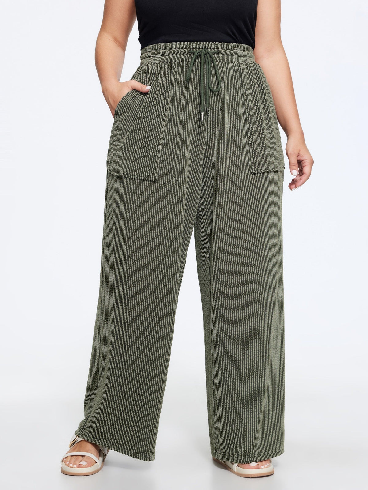 Textured Drawstring Pocket Wide Leg Pants