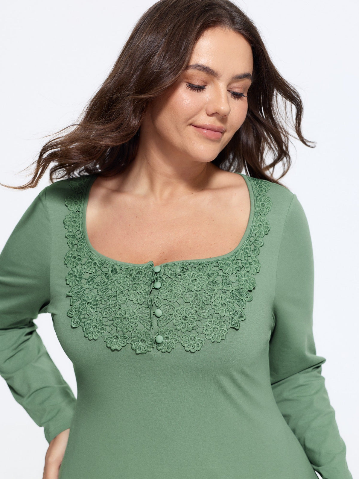 Cotton Floral Lace Square Neck Button Front T-Shirt