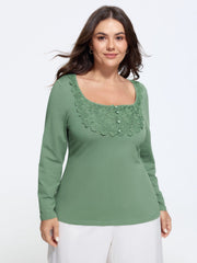 Cotton Floral Lace Square Neck Button Front T-Shirt