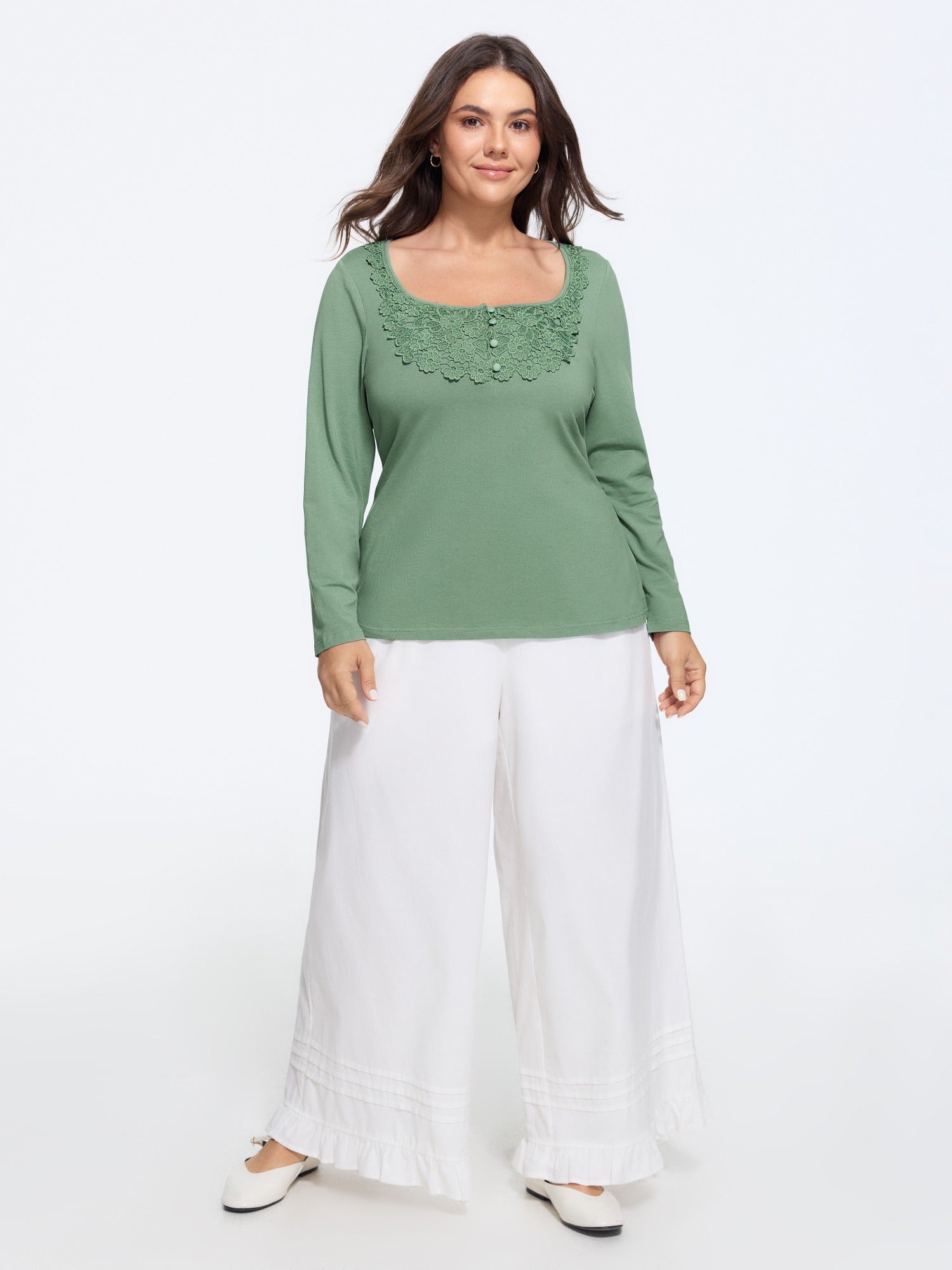 Cotton Floral Lace Square Neck Button Front T-Shirt
