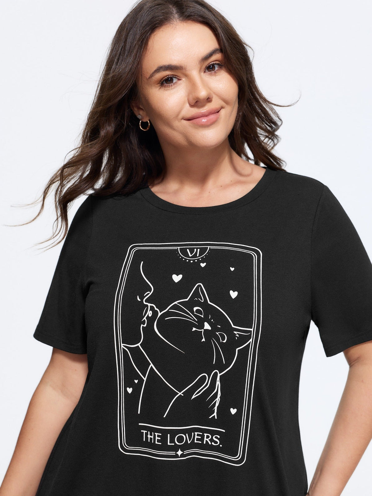 Crew Neck Cat Print Curved Hem T-Shirt