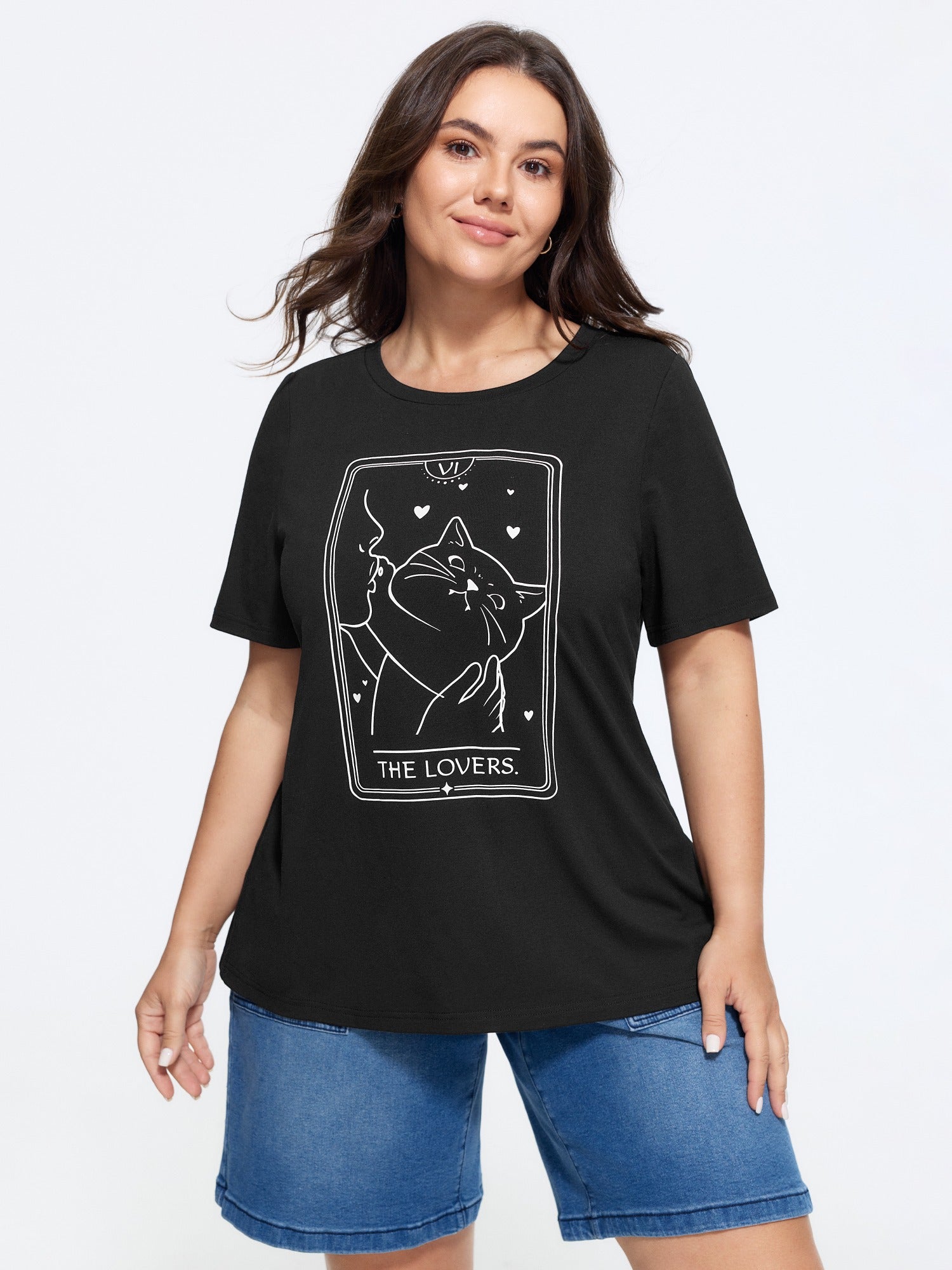 Crew Neck Cat Print Curved Hem T-Shirt
