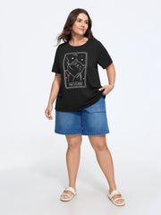 Crew Neck Cat Print Curved Hem T-Shirt