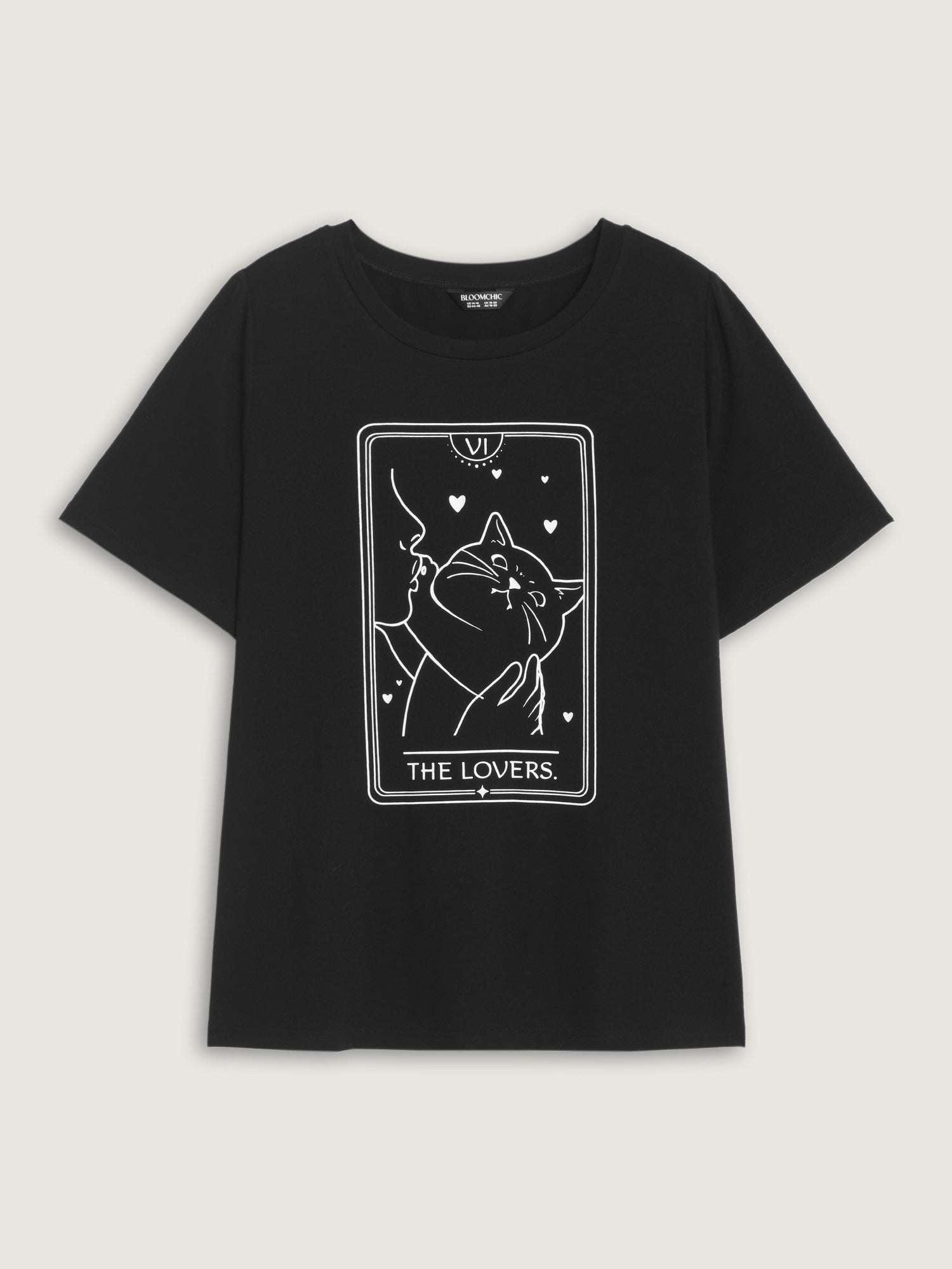 Crew Neck Cat Print Curved Hem T-Shirt