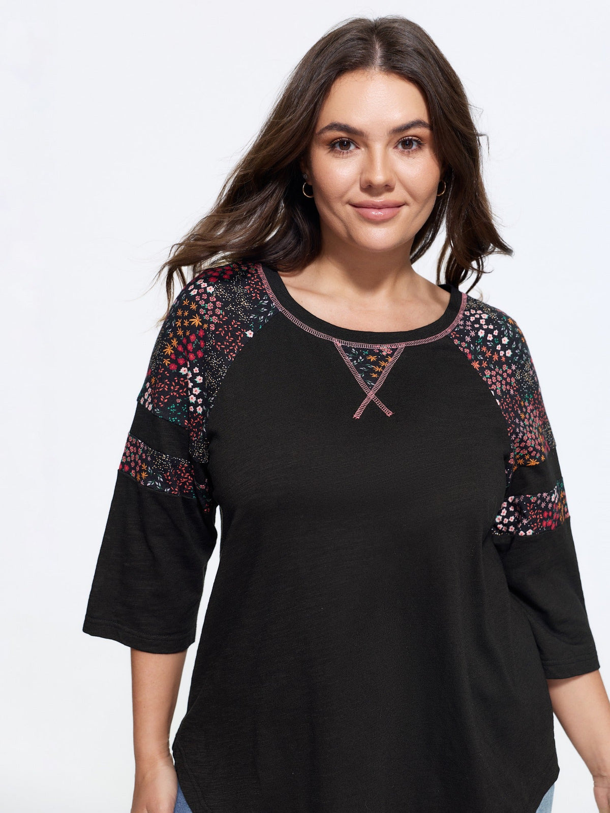 Cotton Floral Print Shoulder Detail T-Shirt
