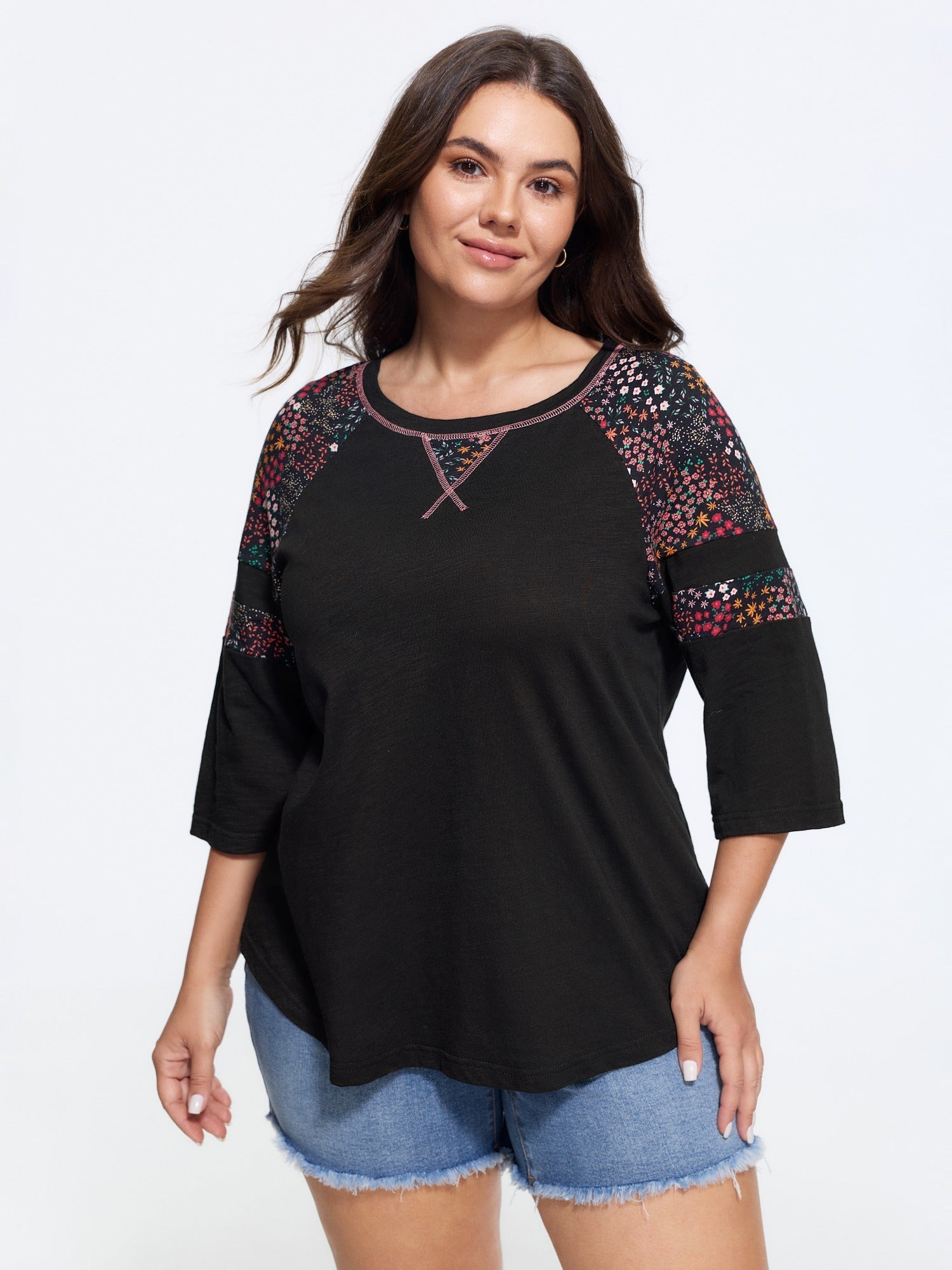 Cotton Floral Print Shoulder Detail T-Shirt