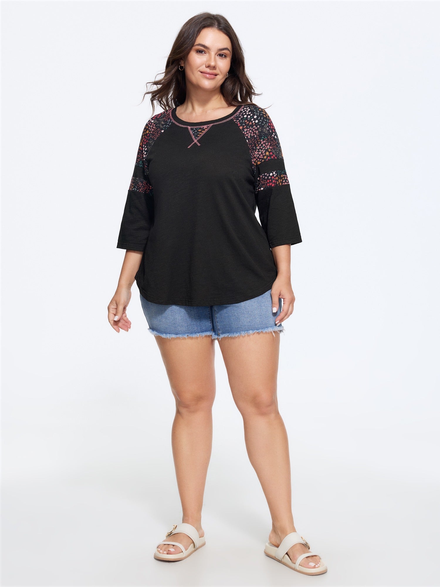 Cotton Floral Print Shoulder Detail T-Shirt