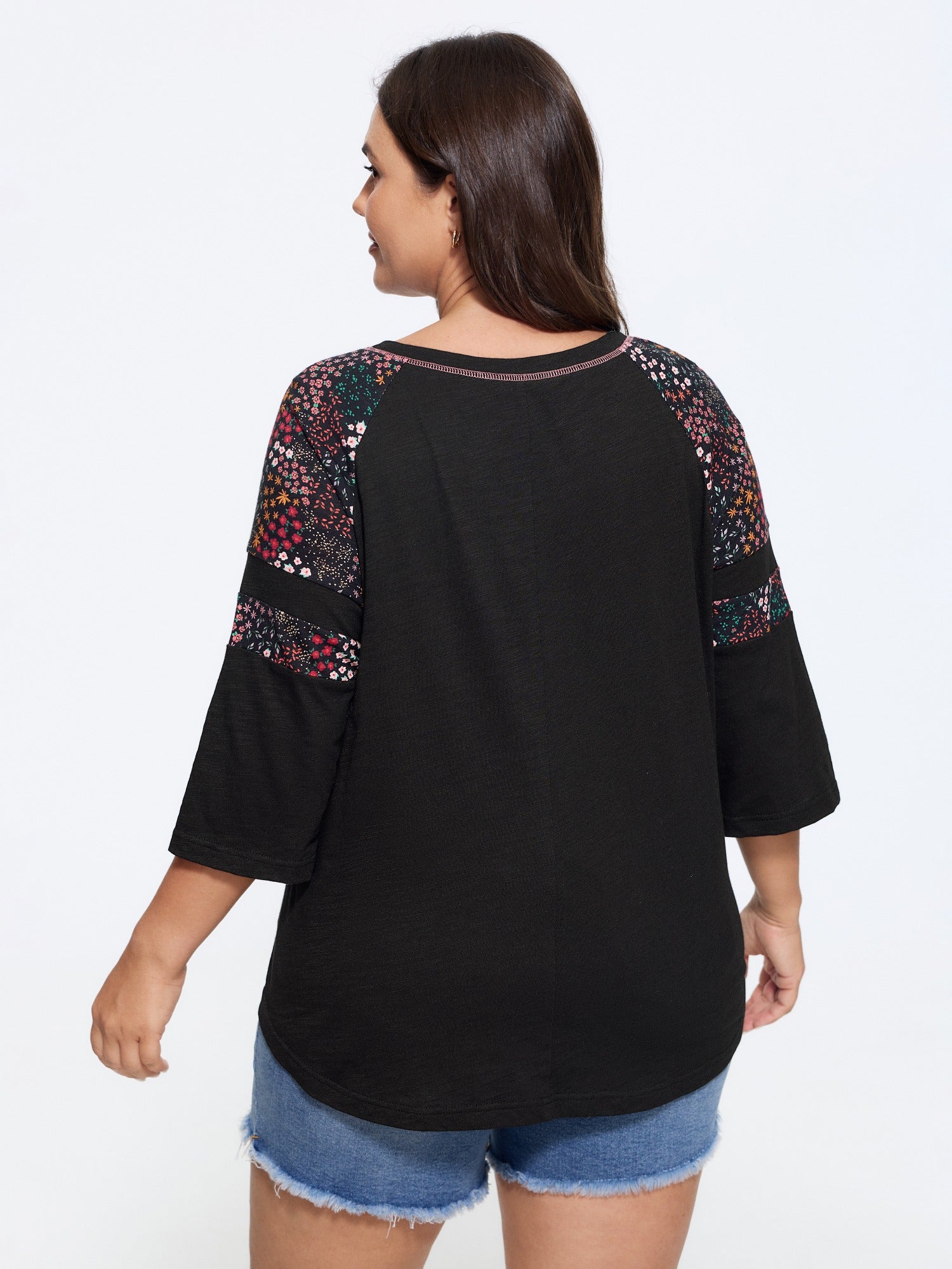 Cotton Floral Print Shoulder Detail T-Shirt